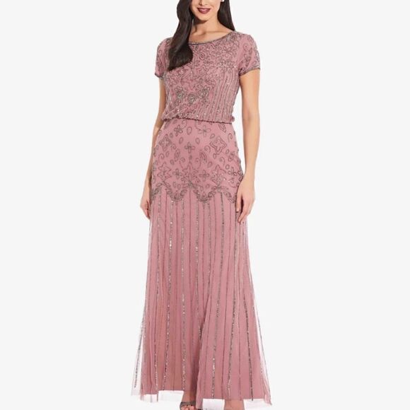 Adrianna Papell short sleeve blouson beaded gown in Lead- size 2 NWT - Picture 2 of 13